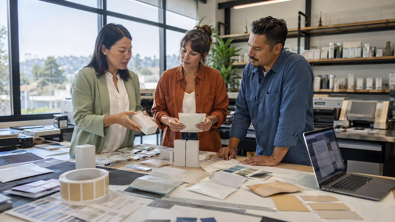 A packaging team reviews blank boxes, pouches, label materials, and design samples while preparing cannabis products for California’s stricter rules on youth-oriented packaging and marketing.
