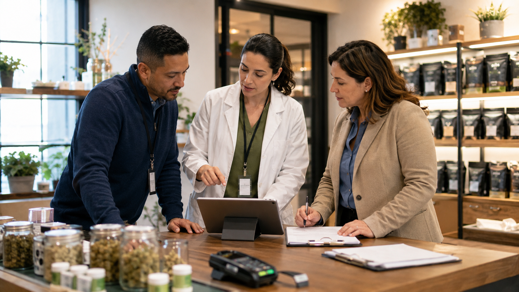 A cannabis retailer, medical staff member, and business operator review a tablet and paperwork in a dispensary, illustrating Illinois adult-use retailers preparing for medical permit applications.