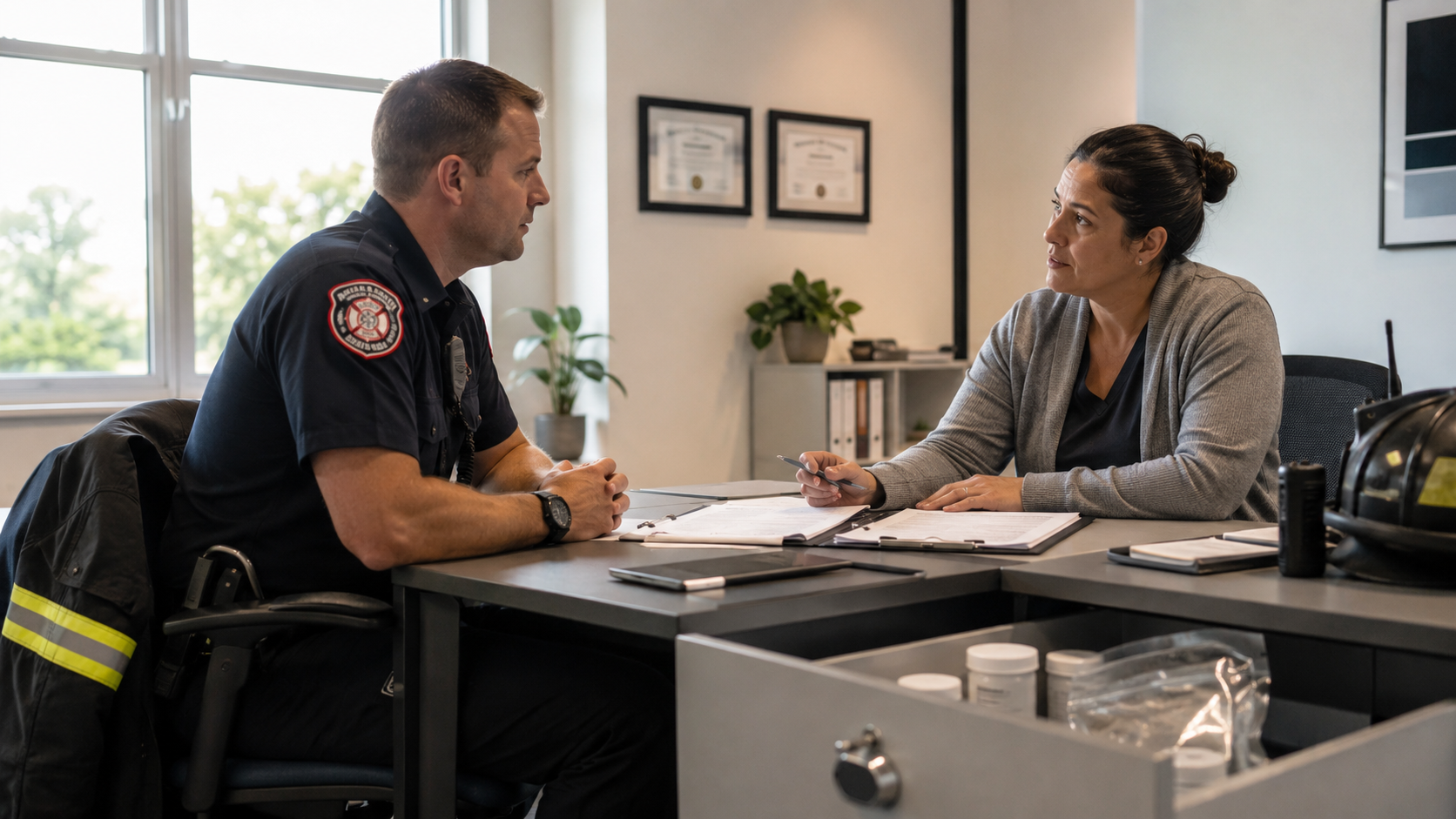 A firefighter meets with a healthcare or administrative professional to review treatment paperwork, illustrating medical cannabis access, PTSD support, employment protections, and wellness policy for first responders.