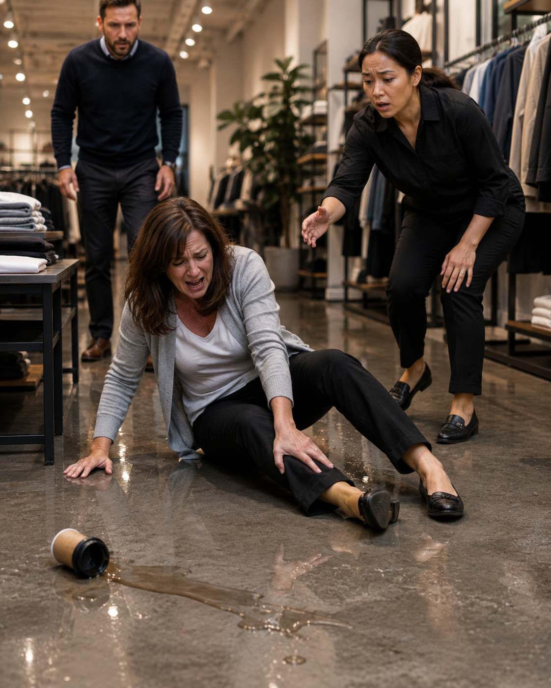 A woman sitting on the floor of a clothing store, spilled coffee on the floor. She appears distressed, with a woman crouching next to her trying to help, and a man standing nearby looking concerned.