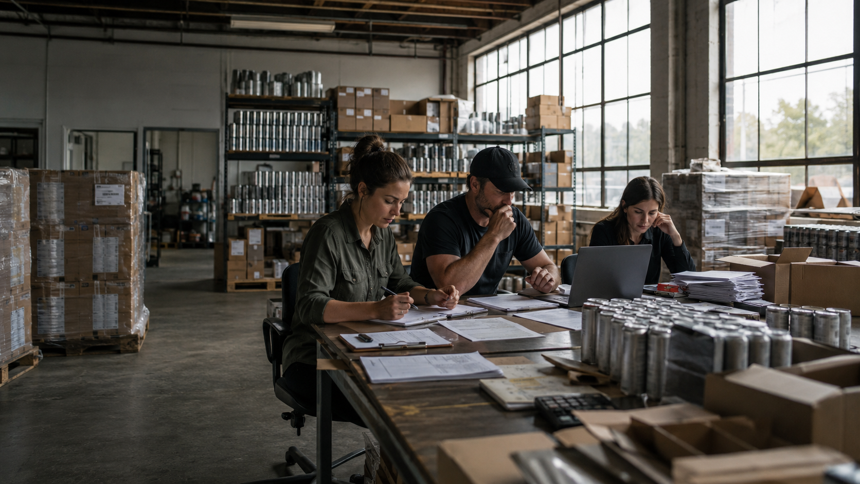 Three hemp beverage staff members sit at a warehouse table surrounded by pallets, cans, and paperwork, illustrating supply chain review, financial planning, and survival strategy before possible federal hemp cannabinoid disruption.