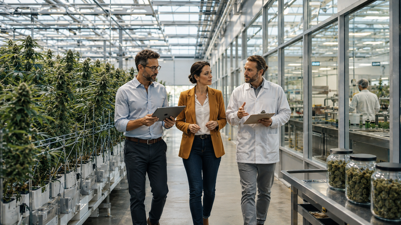 Cannabis business leaders walk through a greenhouse cultivation facility reviewing operations and discussing merger strategy, scale, and international market expansion.