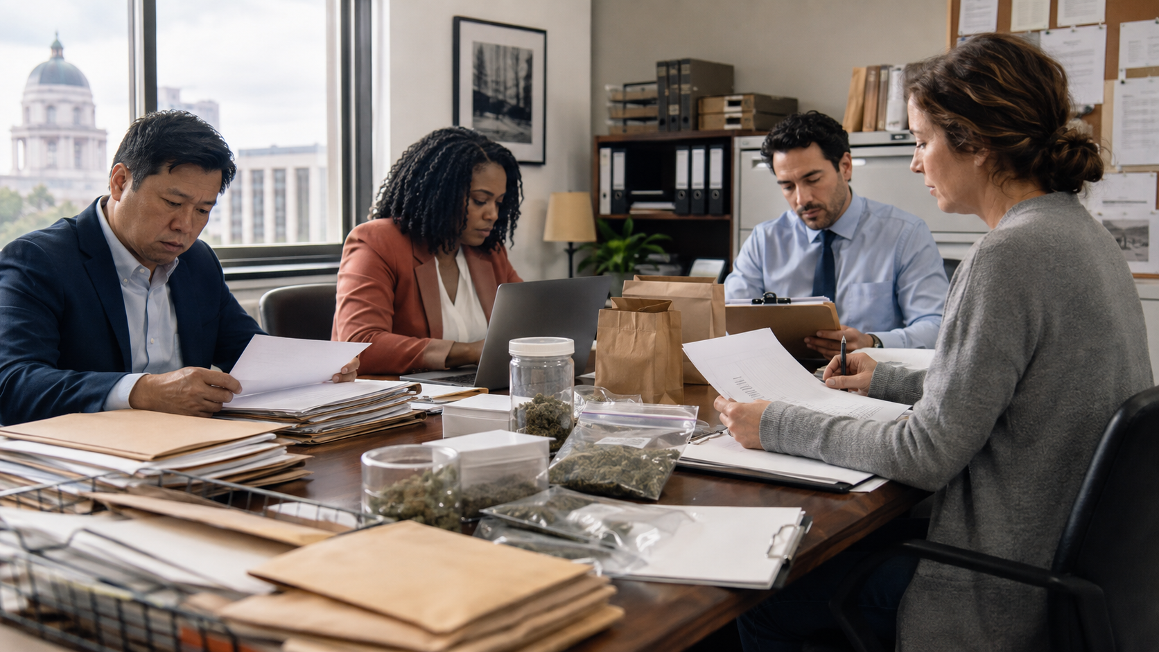 A group of professionals reviews documents and packaged cannabis materials around a conference table, illustrating analysis of national cannabis arrest data, enforcement patterns, and reform-related legal concerns.