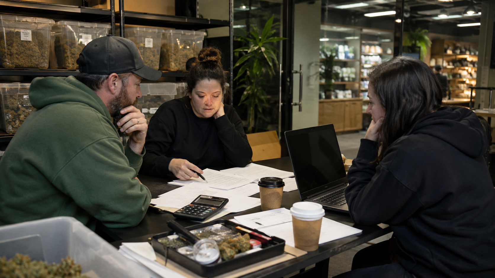 Cannabis business employees review payroll records, financial reports, and operating documents in a New York retail back room, illustrating wage-board concerns and rising labor-cost pressure.