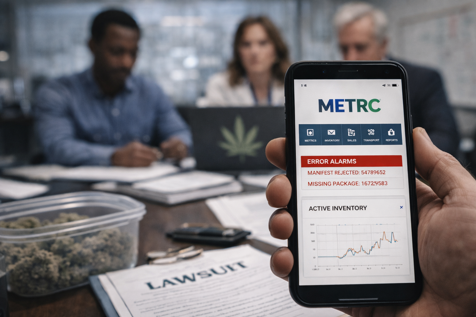 Phone showing Metrc error alarms and inventory data in front of a cannabis compliance meeting.