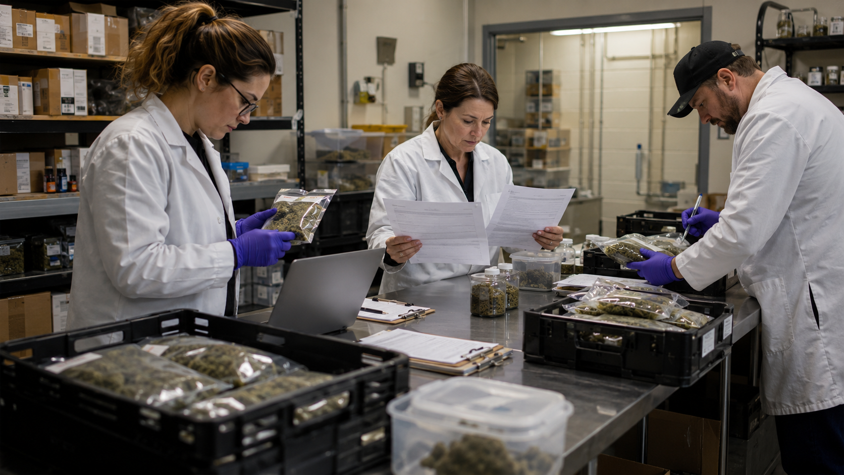 Three cannabis laboratory workers inspect packaged flower, testing records, and product documentation, illustrating THC potency verification, laboratory oversight, and compliance concerns in Oklahoma’s cannabis market.