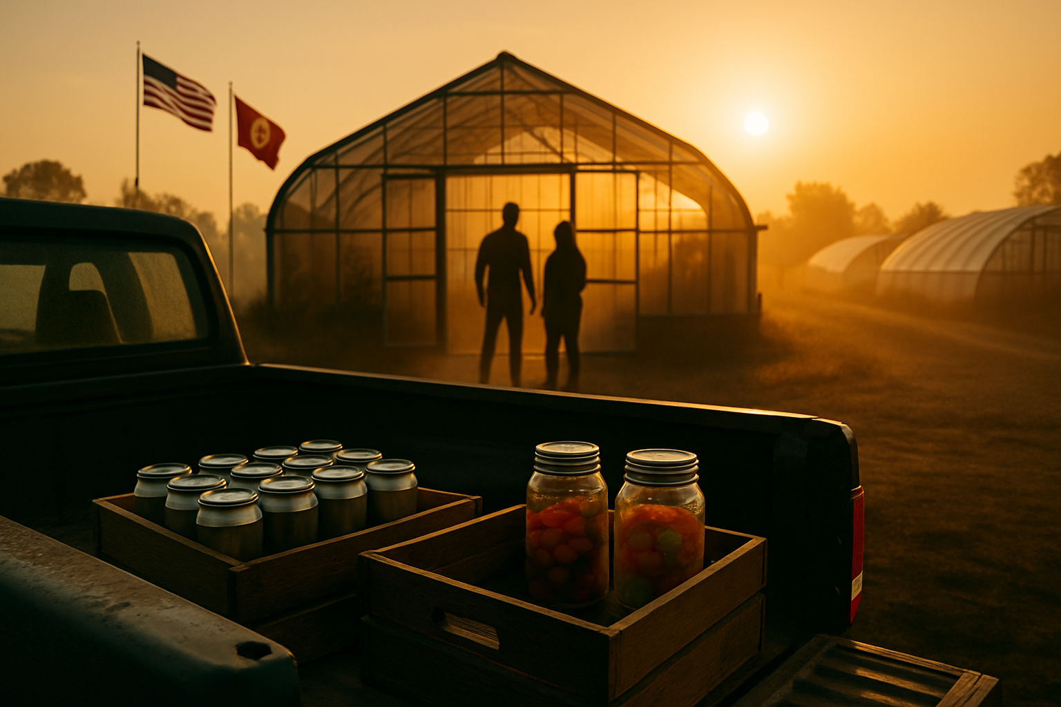 Pickup loaded with beverage crates beside tribal greenhouses at sunrise, symbolizing ICIA warnings that tribal cannabis businesses must rapidly adapt to upcoming federal hemp-THC rules.