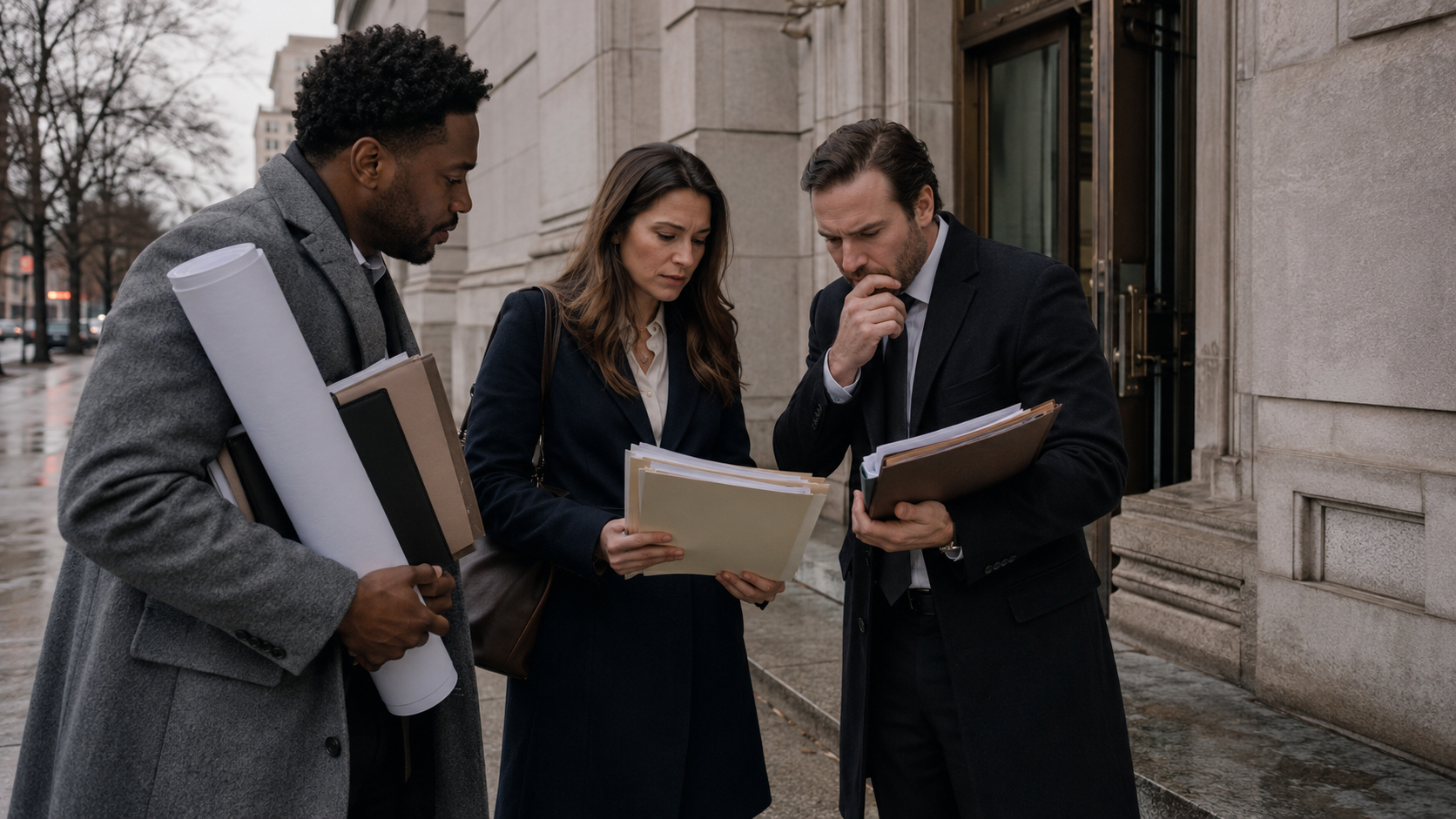 Three business professionals standing outside a government building reviewing documents, illustrating legal review and regulatory analysis tied to Rhode Island’s proposed removal of cannabis license residency requirements.