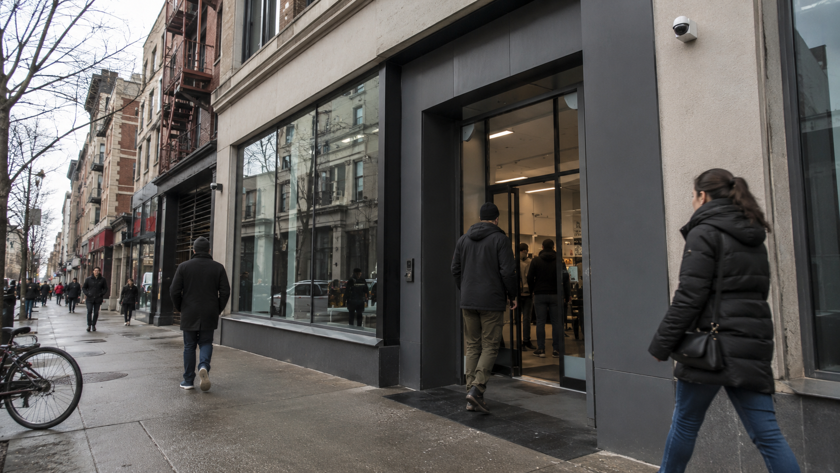 Customers enter a modern cannabis storefront on a city street, illustrating SQDC retail expansion, legal market growth, and rising consumer access in Quebec’s government run cannabis system.