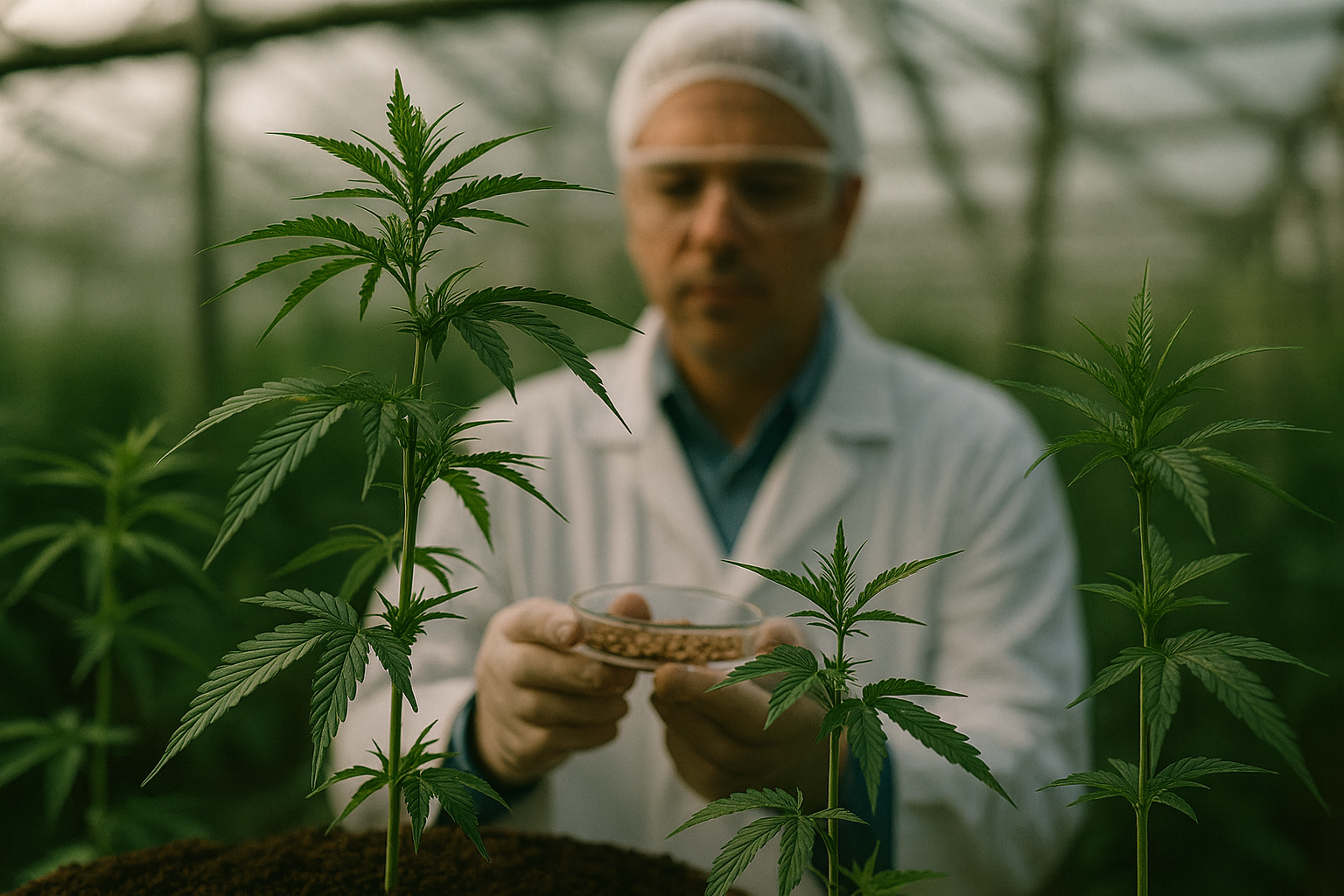 Researcher in a lab coat examining a cannabis plant in a field, symbolizing Brazil’s Embrapa receiving approval to conduct long-term cannabis research and develop hemp varieties.