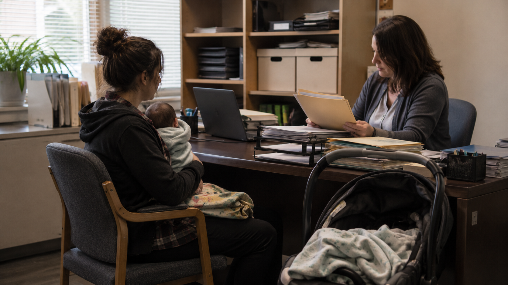 A new mother holding her baby meets with an administrative caseworker reviewing documents, illustrating the child welfare and parental rights consequences that can follow a positive THC test after childbirth.