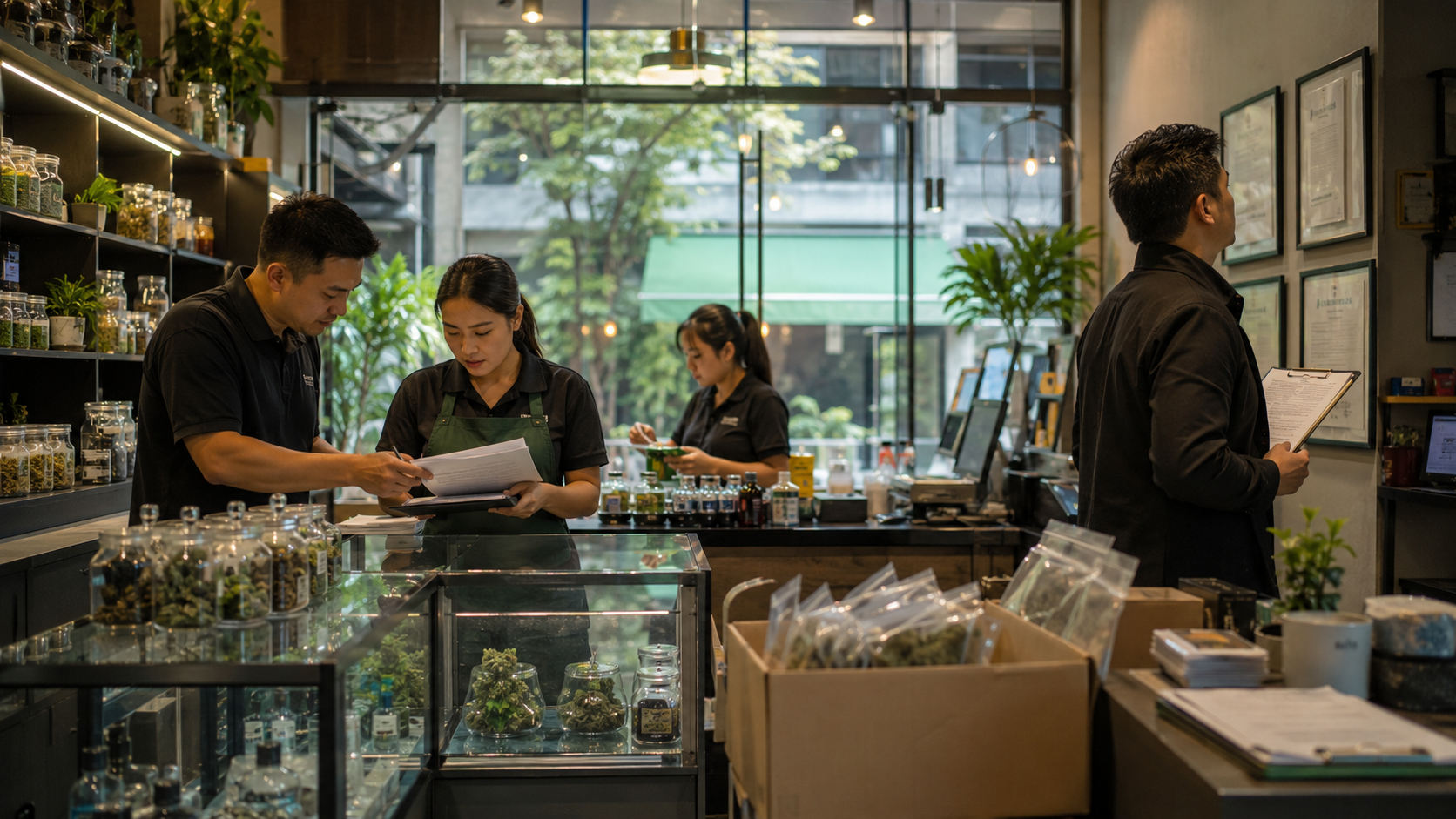 Cannabis business staff inspect products, review paperwork, and check posted documents inside a retail shop, illustrating license compliance, product oversight, and enforcement exposure under Thailand’s stricter cannabis rules.