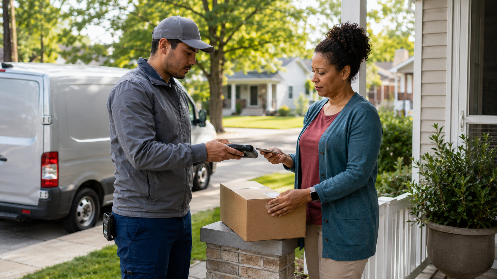 A delivery worker verifies a patient’s information while handing over a package at a Georgia residence, illustrating proposed medical cannabis delivery, patient verification, and regulated shipping access.
