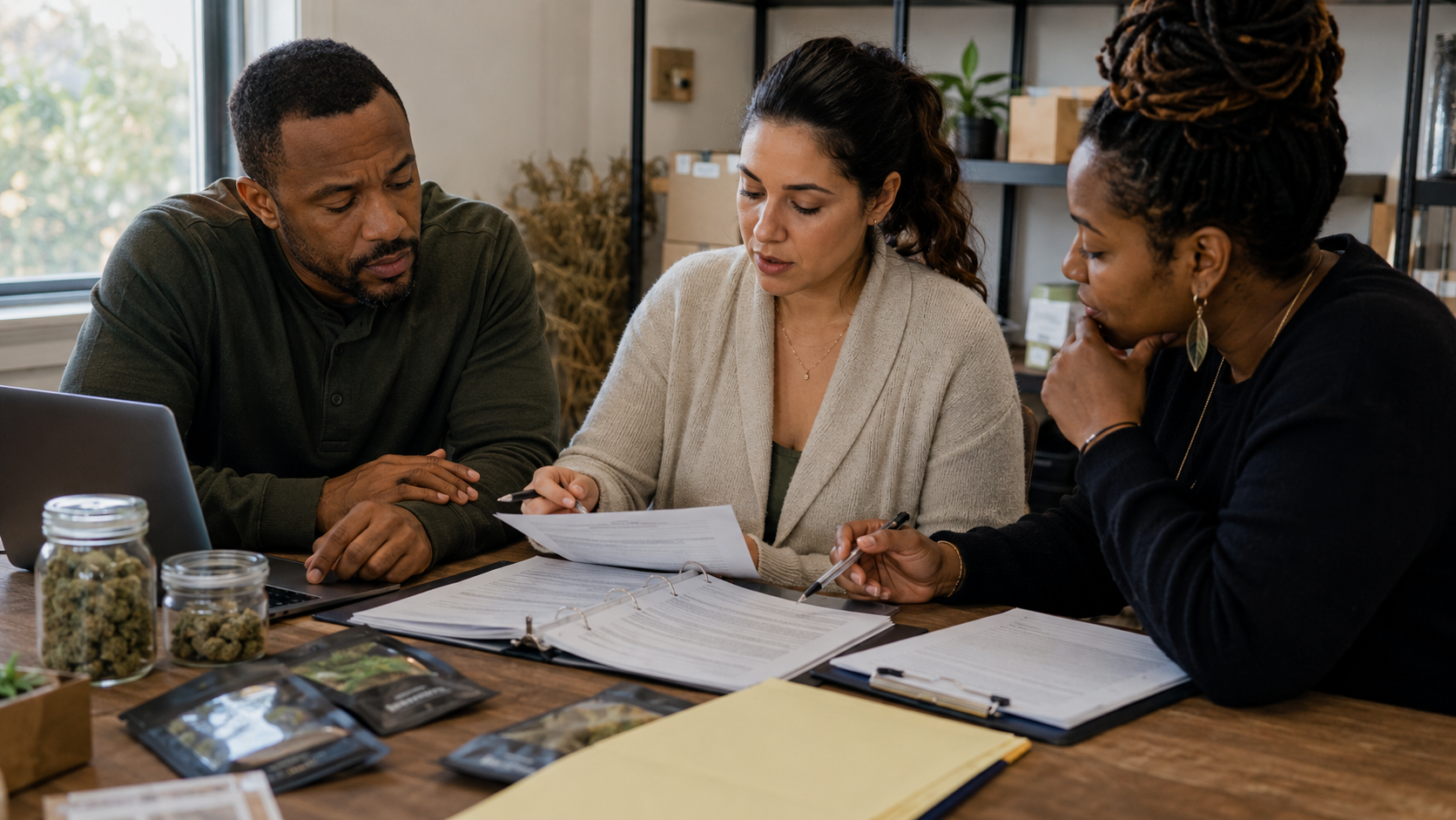 Three cannabis applicants sit around a table reviewing paperwork, notes, and compliance files near product samples, illustrating Missouri social equity microbusiness license preparation and application review.