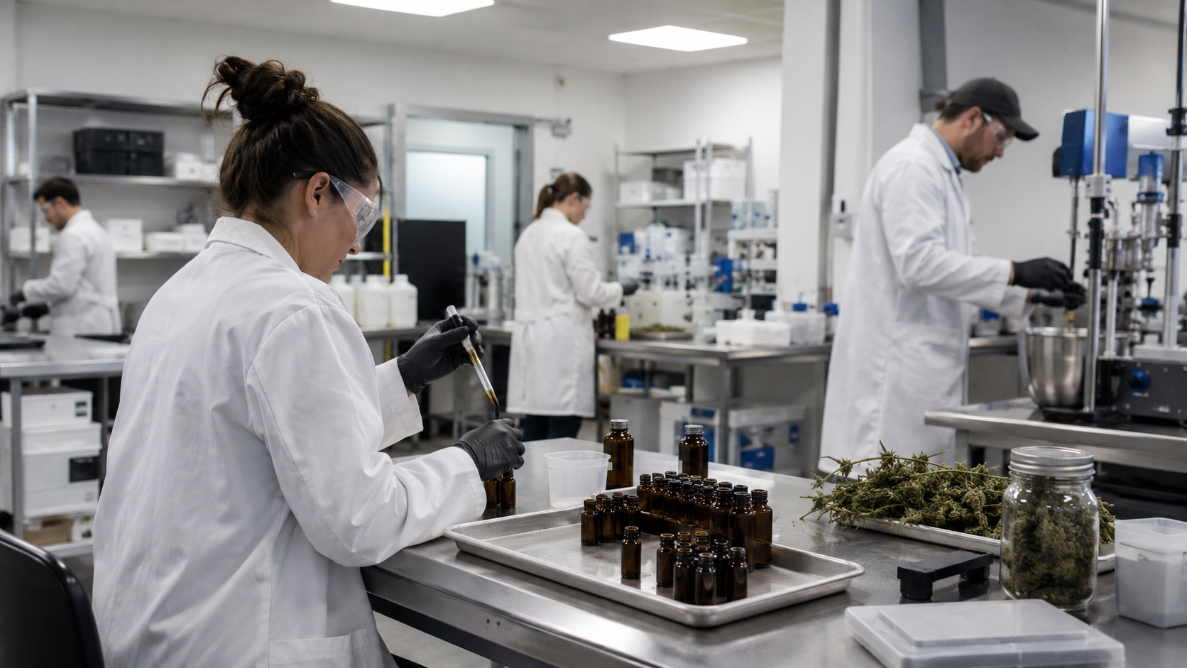 Scientists prepare cannabis extracts in amber laboratory bottles, illustrating pharmaceutical research, compound development, and future clinical pathways for cannabis-derived flavonoids.