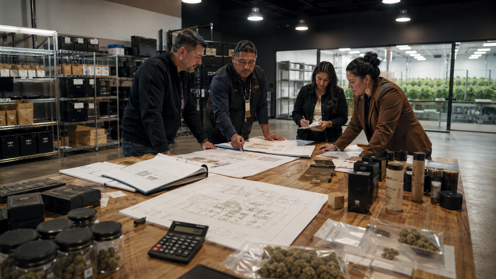 A cannabis business team reviews plans and business documents around a table with products and packaging, illustrating expansion planning, competitive strategy, and market structure changes tied to Connecticut’s tribal cannabis compact.