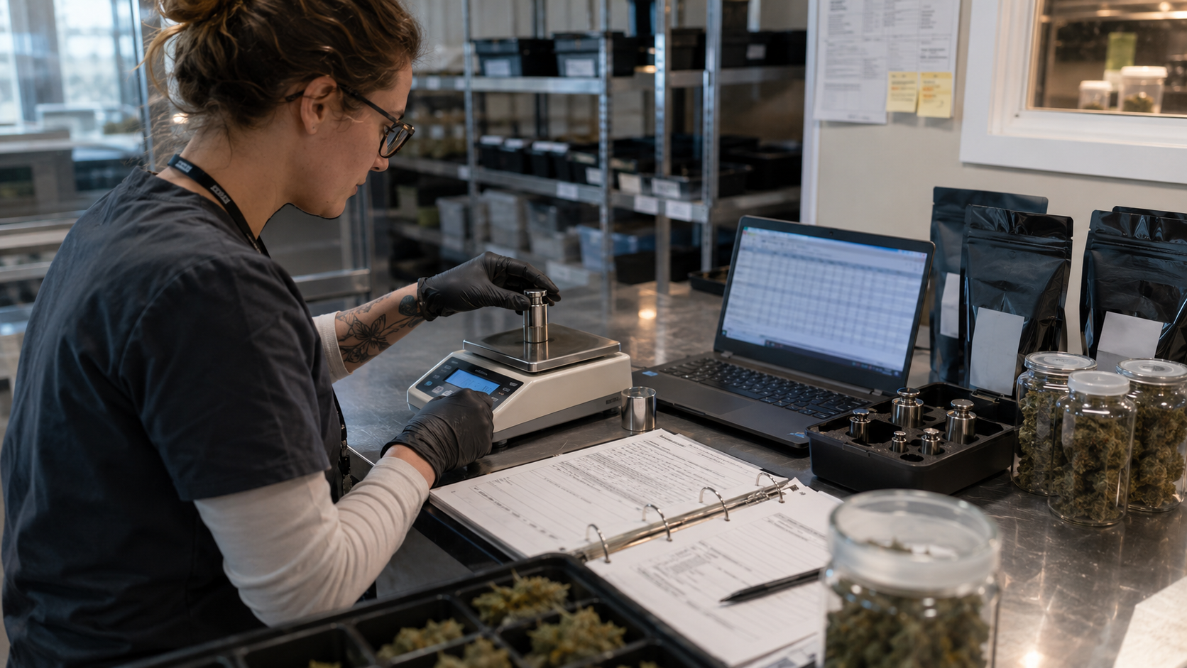 Cannabis facility employee checks scale accuracy with calibration weights while reviewing compliance records, inventory logs, and measurement standards for retail products.