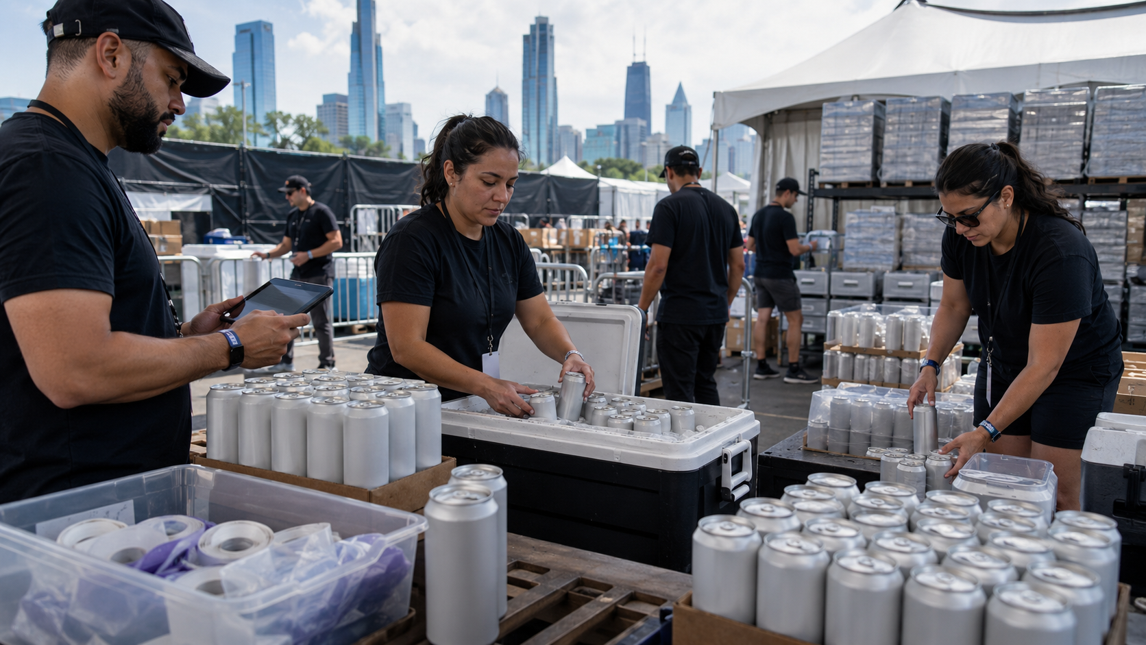 Festival workers organize coolers filled with canned hemp THC beverages while checking stock levels and event supplies outdoors in Chicago, illustrating distribution planning and large-scale beverage operations.