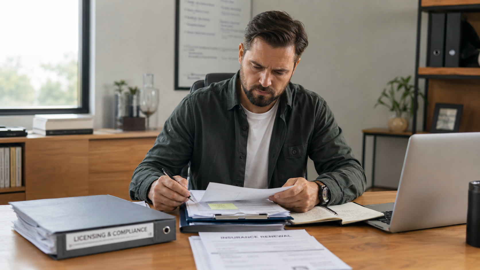 A business operator reviews licensing, compliance, and insurance renewal paperwork at a desk, illustrating administrative preparation and regulatory planning ahead of the DEA marijuana rescheduling hearing.