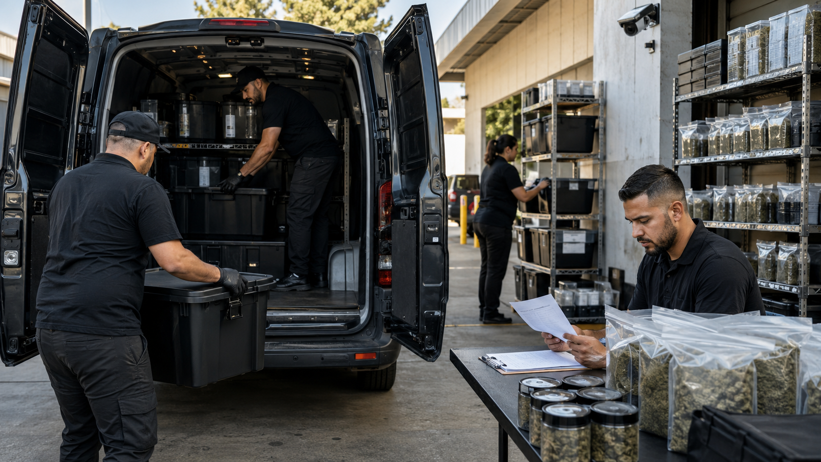 Cannabis distribution team prepares delivery inventory, product manifests, and security records as California local bans create pressure around legal access, delivery routes, and operator exposure.