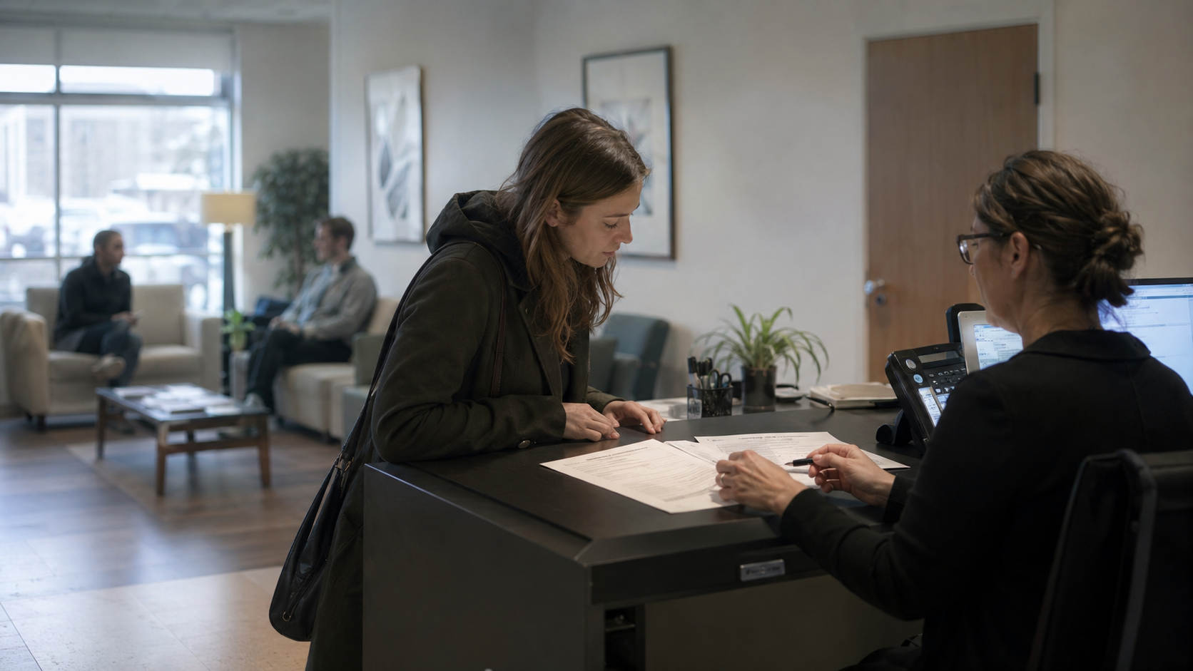 Customer reviewing forms at a reception desk in a health focused clinic setting, illustrating how a federal hemp ban could create new access barriers for patients seeking hemp derived CBD products through reimbursement or care programs.