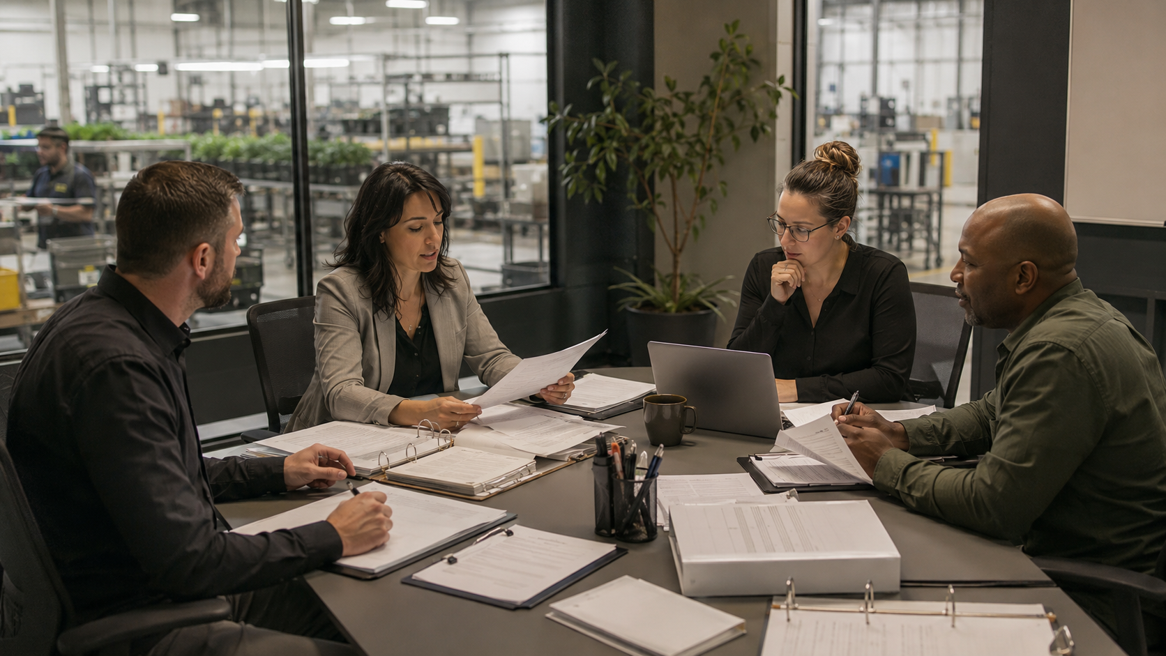 Human resources and compliance leaders review employment documents during a meeting overlooking an active facility, illustrating changing cannabis hiring standards, legal risk, workplace safety, and impairment-based policies.