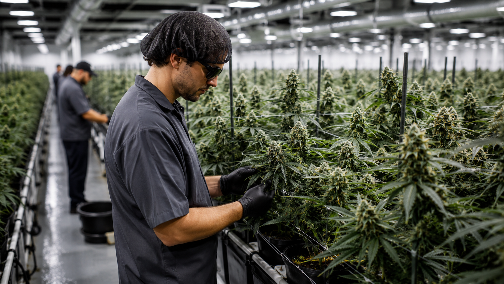 Workers inspecting cannabis plants inside a large indoor grow facility.