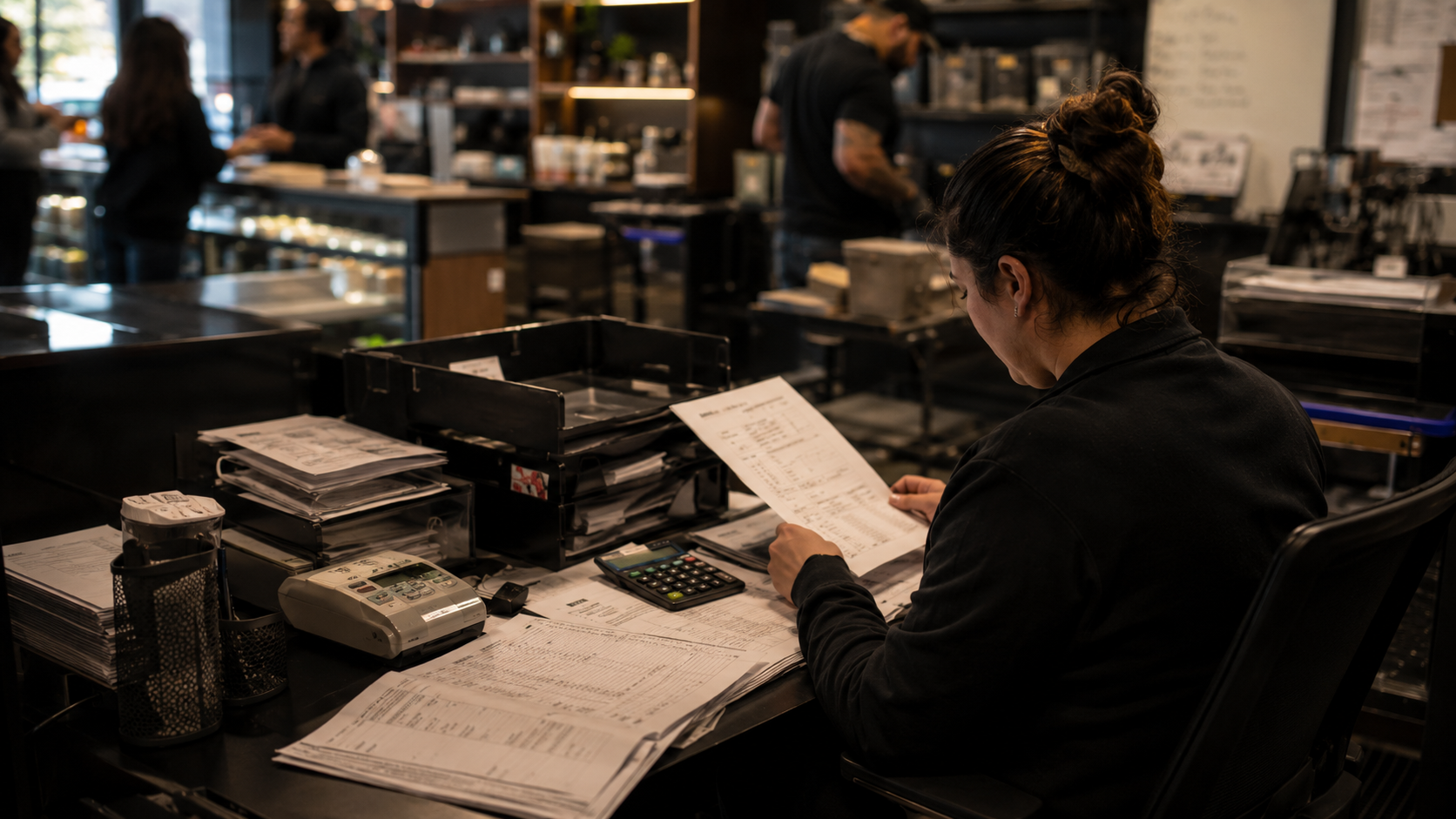 A busy cannabis retail shop operates in the foreground while an employee handles paperwork in a back office, illustrating how Maryland cannabis tax revenue is tied to both storefront sales and internal administration.