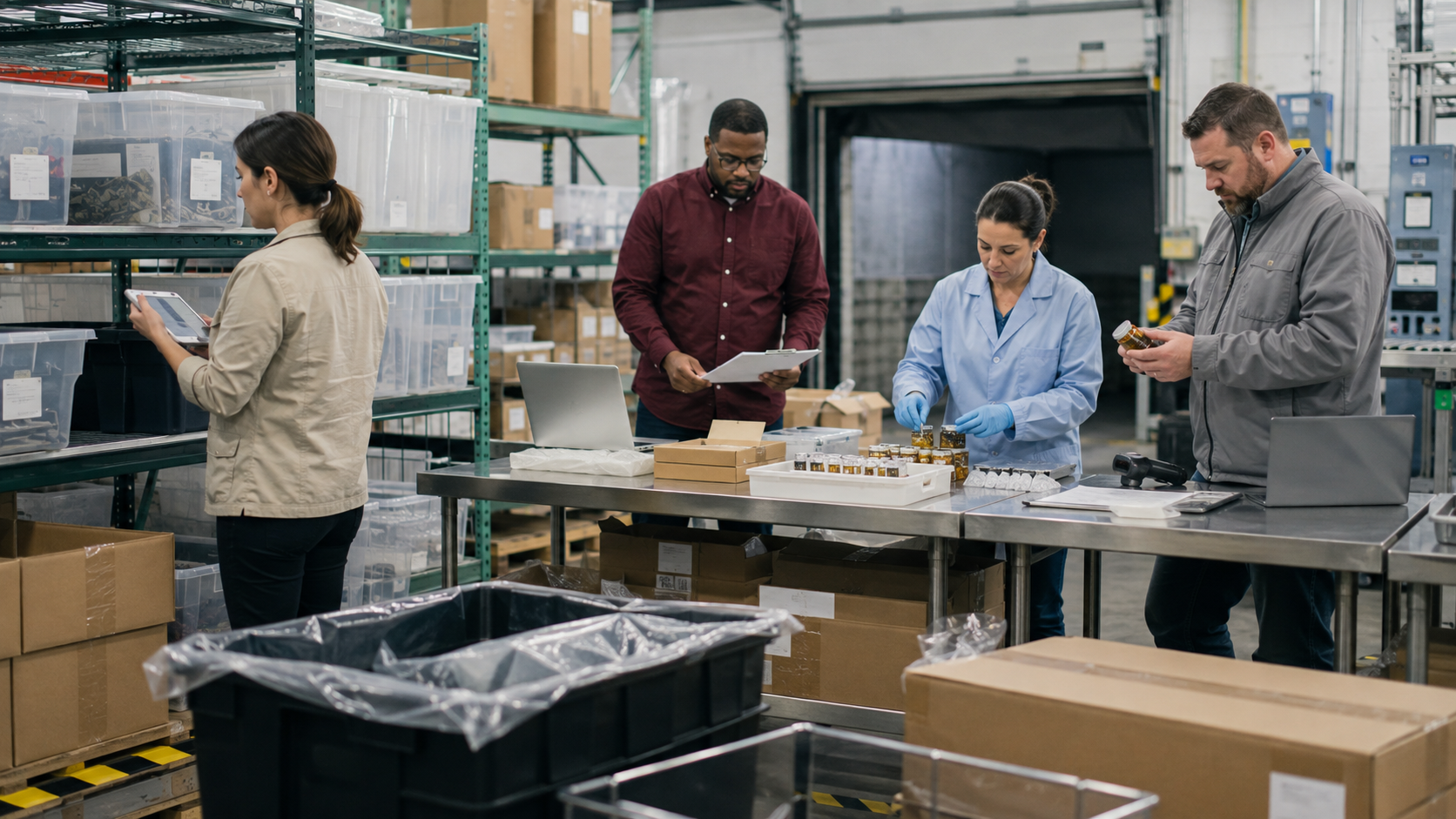 Workers audit packaged hemp products, concentrates, and inventory records in a processing facility, illustrating licensing and product-compliance pressure after Michigan regulators suspended a hemp business license.