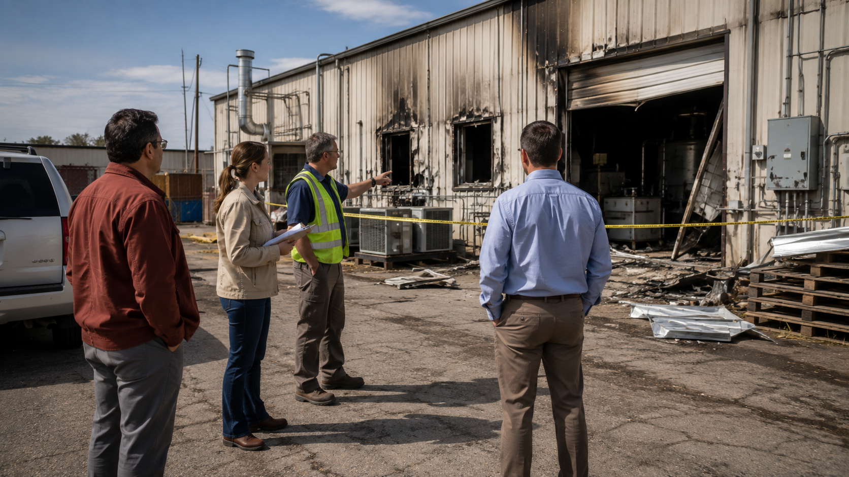 A group of professionals stands outside a fire-damaged cannabis processing facility in Oklahoma, reviewing the scene after an explosion tied to a licensed medical cannabis business.