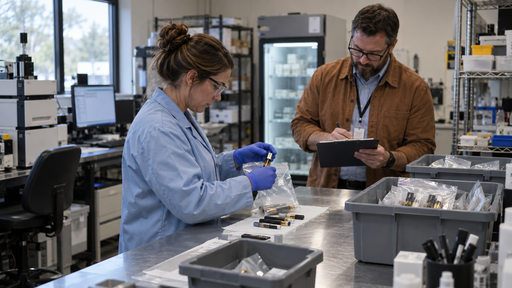 Cannabis laboratory staff reviewing vape cartridges and testing records during an Ohio product safety investigation following reported adverse health effects.
