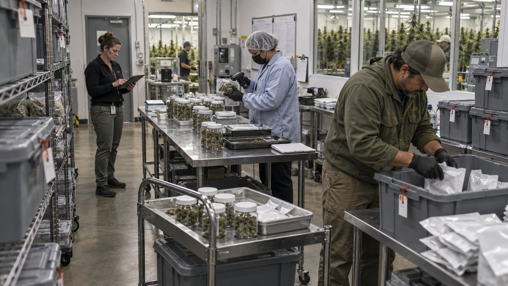 Cannabis facility staff reviewing packaged products and inventory records as California regulators investigate recalls, track-and-trace failures, and product safety concerns.