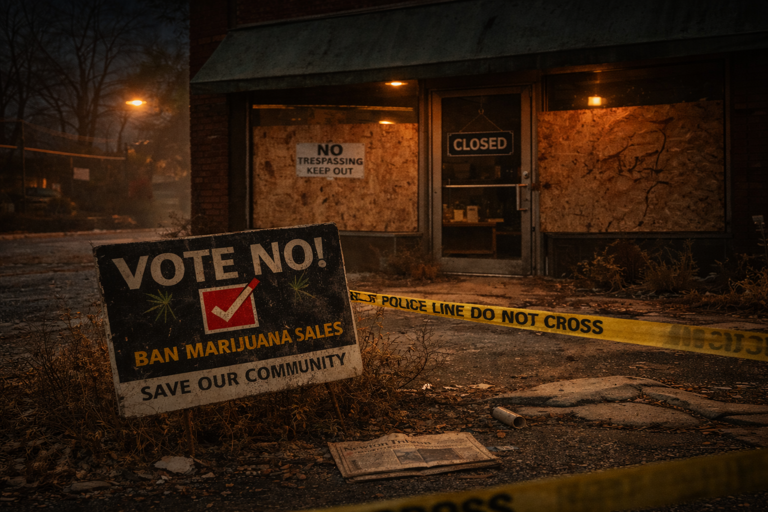 Boarded up storefront with a sign opposing cannabis sales, symbolizing a proposed 2026 ballot measure that could reverse adult use legalization in Newton, Massachusetts.