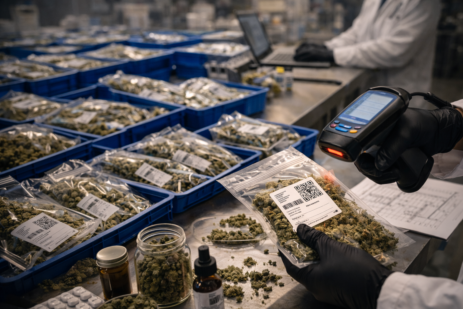Cannabis processor scanning individual product labels under New York’s seed to sale tracking system.