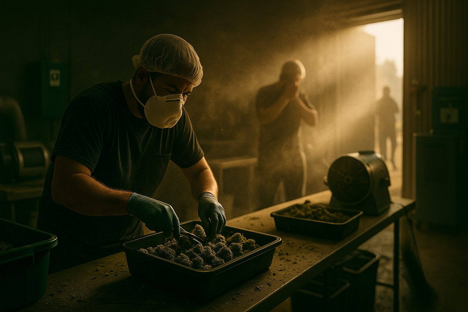 Masked cannabis worker trimming buds amid airborne dust in a processing room, symbolizing rising occupational asthma risks in cultivation and post-harvest environments.