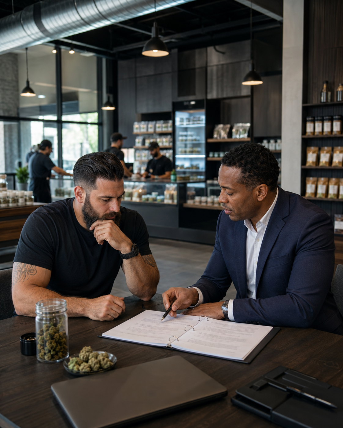 Two men sit at a table in a modern coffee shop, discussing and reviewing documents with one pointing at the papers, while others work in the background.