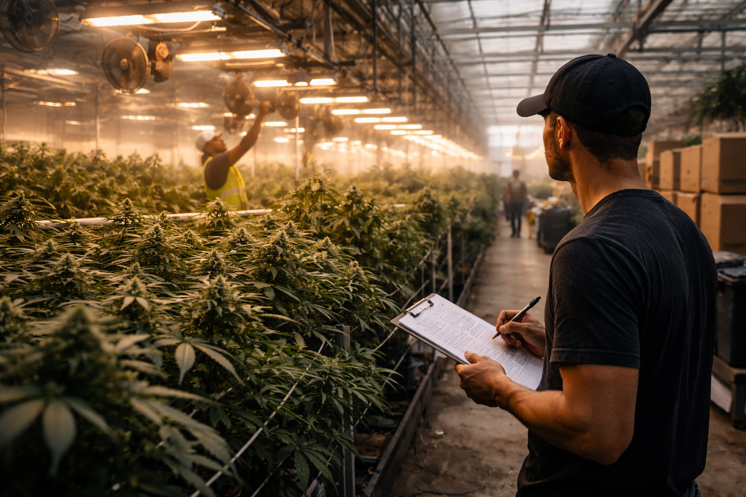 Cannabis cultivation manager overseeing operations inside a licensed greenhouse as U.S. cannabis markets undergo structural change.