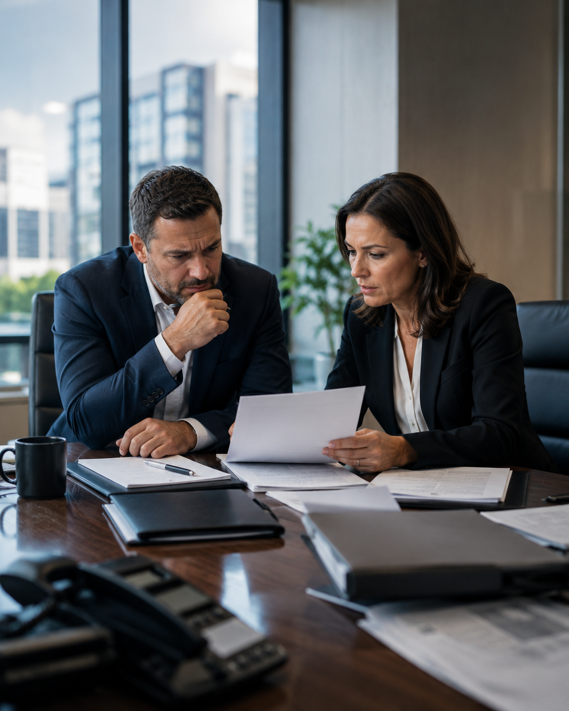 Two business professionals, a man and a woman, looking at documents in an office with large windows and cityscape view, discussing work.