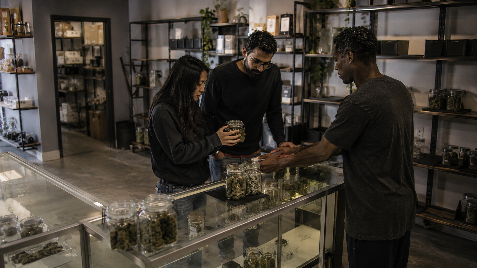 Two consumers examine cannabis flower products with a retail employee at a dispensary counter, illustrating customer choice, brand concentration, and concerns about consolidation in adult-use markets.