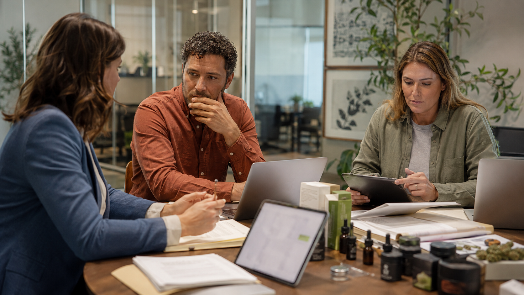Cannabis business professionals review digital platforms, product information, and compliance documents while planning online advertising under evolving federal youth safety rules.