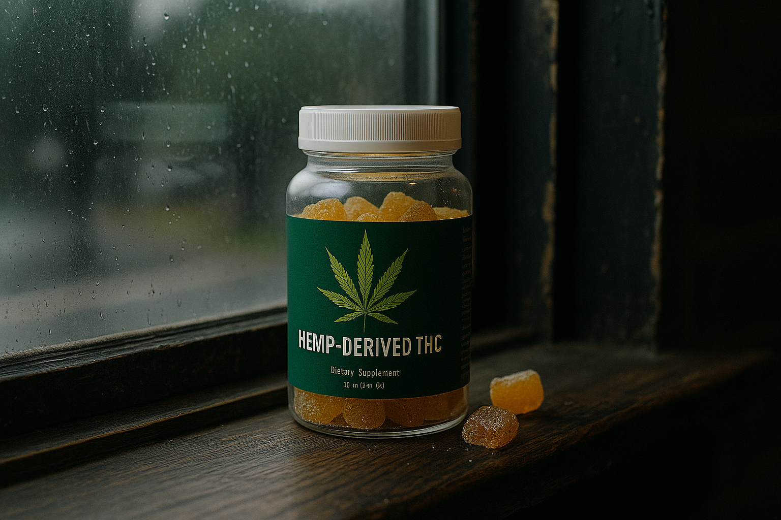 Jar labeled ‘Hemp-Derived THC’ on a windowsill beside gummies, symbolizing the upcoming federal ban on intoxicating hemp products effective November 2026.
