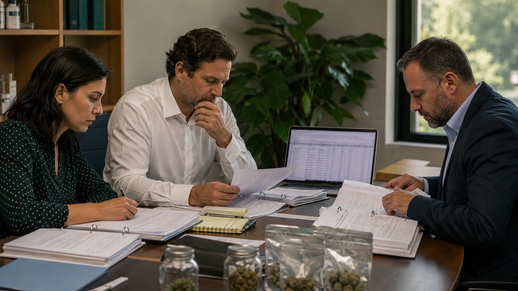 Cannabis leadership team reviews forecasts, tax documents, business plans, and compliance files while federal court and DEA developments keep cannabis rescheduling and Schedule III treatment uncertain.