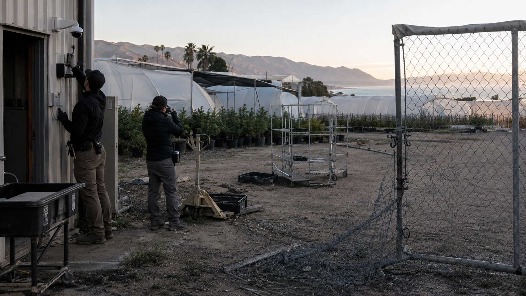 Investigators inspect surveillance equipment and a damaged perimeter gate at a California cannabis farm, illustrating burglary risk, site security failures, and law enforcement response in Carpinteria.