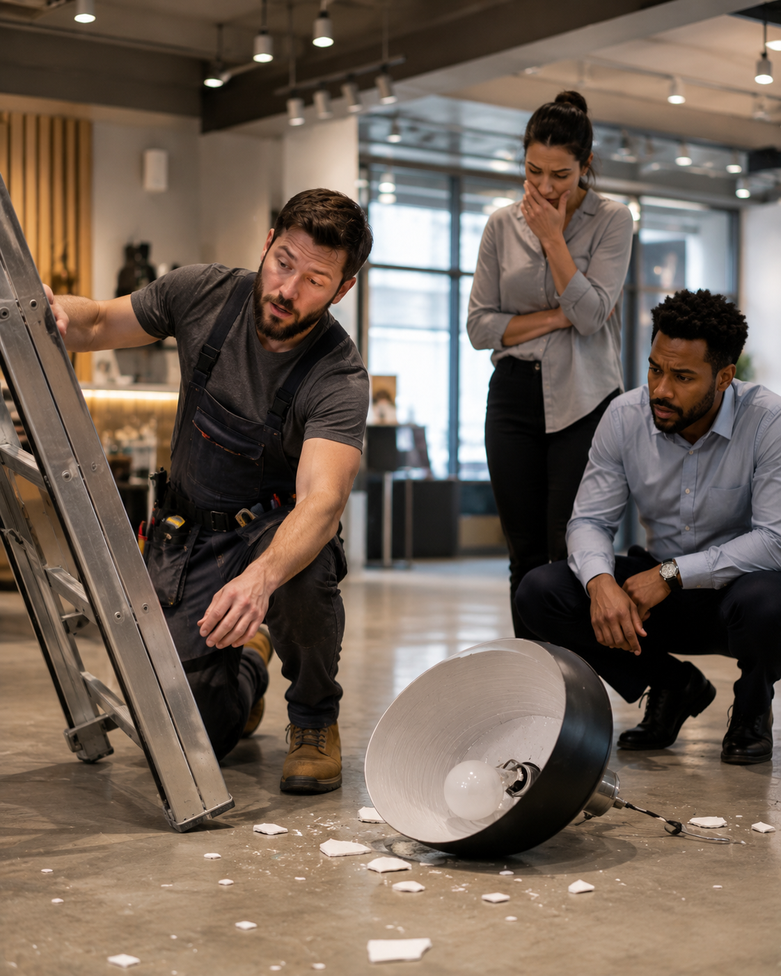 Three people observing a man repairing a broken ceiling light fixture in a modern indoor space.