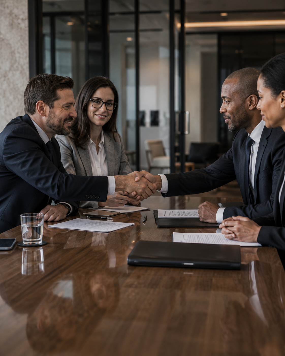 Two groups of professionals shake hands across a polished wooden conference table during a formal business meeting, with documents, laptops, and a glass of water in front of them.