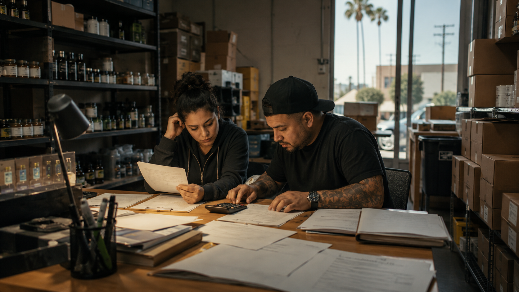 A cannabis retail team reviews documents and calculates costs in a stockroom office, illustrating tax planning, compliance pressure, and financial strain facing Los Angeles cannabis businesses.