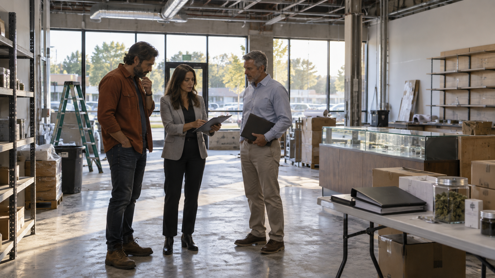 Cannabis operators discussing compliance and contract obligations in a retail facility as federal court rulings create uncertainty around enforceability.