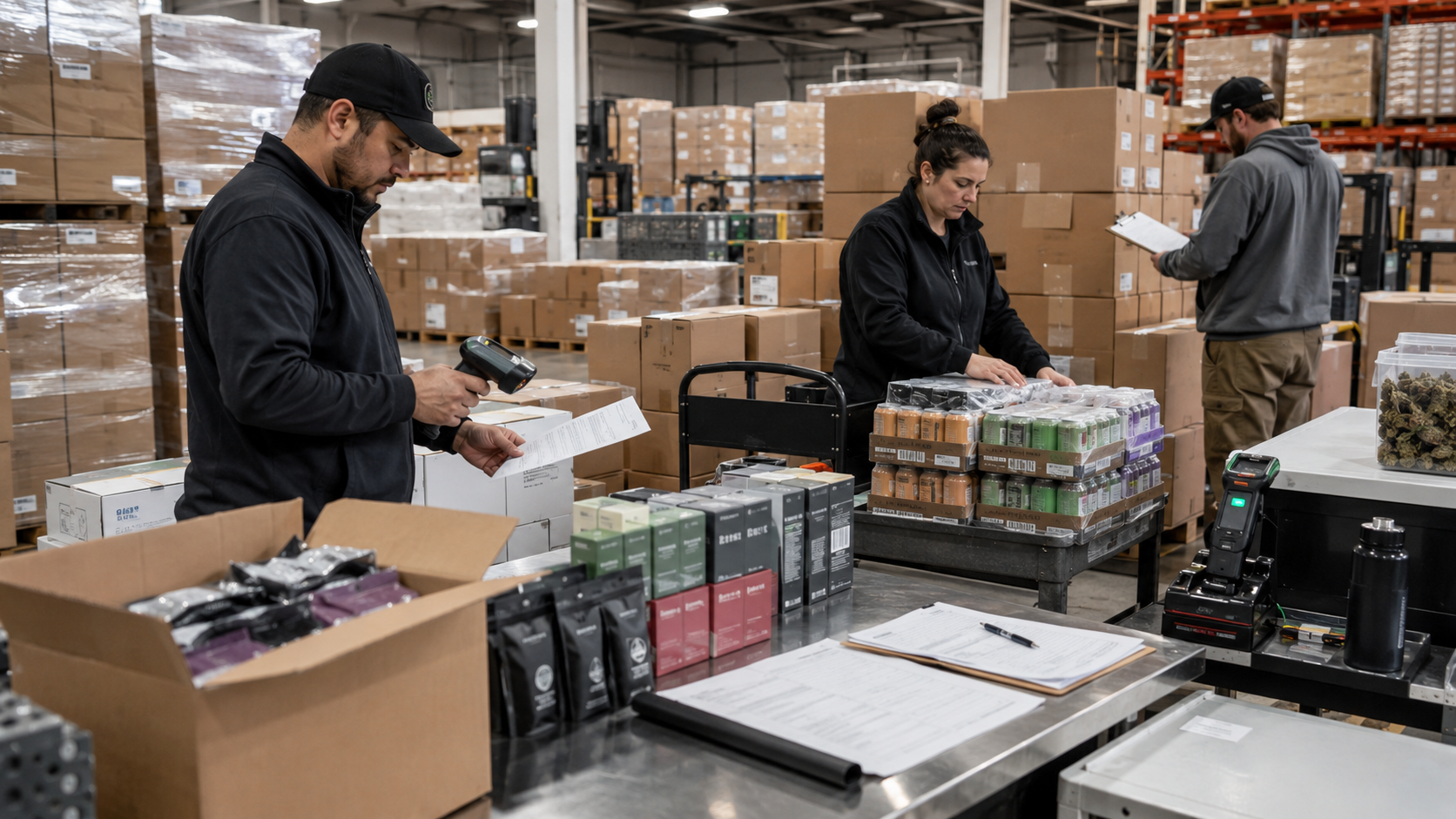 Warehouse staff inspect packaged hemp THC products and shipping inventory, illustrating compliance review, product labeling, and supply chain planning tied to a proposed federal hemp THC framework.