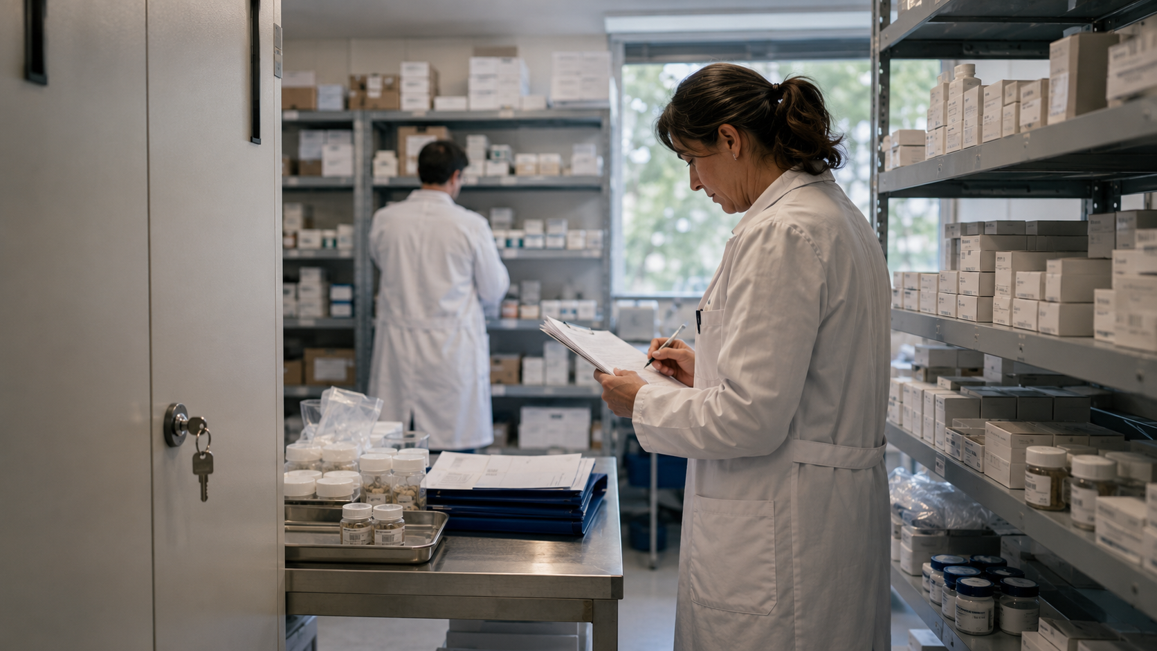 A pharmacist reviews records in a medical storage room while another staff member works among shelves of regulated products, illustrating product oversight, compliance review, and operational readiness in France’s medical cannabis market.