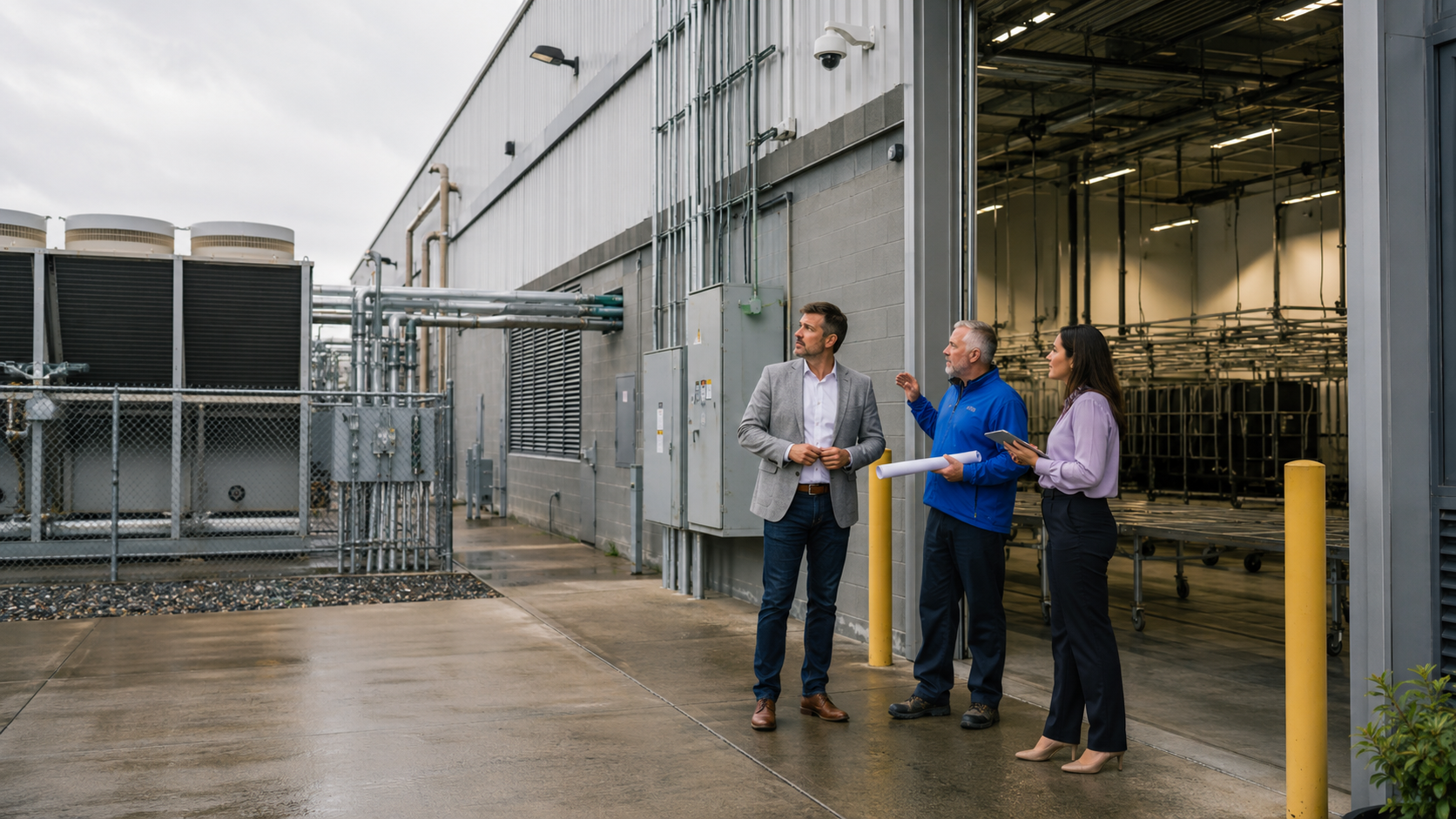 Real estate and facility professionals inspect the exterior power, cooling, HVAC, and security infrastructure of a large cannabis cultivation property being evaluated for potential data center conversion.